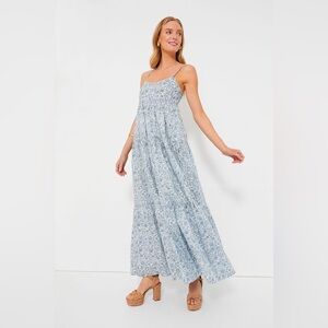 Tuckernuck Hyacinth House Teresa blue white floral tiered sleeveless maxi dress
